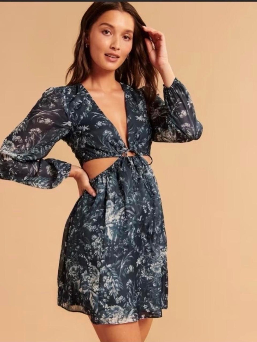 Abercrombie & Fitch Navy Floral Long-Sleeve Cutout Dress